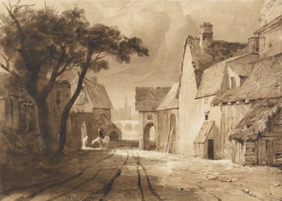 Régi épületek tanulmányozása (barna tinta és grafitos mosás papíron) alkotó: Samuel Palmer