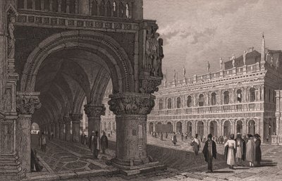 A Dózse-palota (Palazzo Ducale) árkádsorának rövidítése, kilátással a Szent Márk térre és a Könyvtárpalotára, Velence, Veneto, Olaszország, Samuel Prout (1783-1852) rajza alapján készült acélmetszet, kb 15x11,5 cm alkotó: Samuel Prout