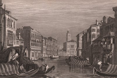 Gondolák a Grand Canalon (Canal Grande), Velence, Veneto, Olaszország, acélmetszet Samuel Prout (1783-1852) rajza alapján, kb 15x11,5 cm alkotó: Samuel Prout