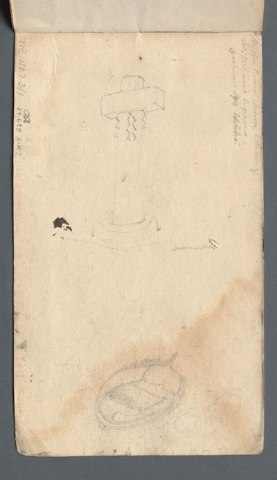 Vázlatfüzet: Tanulmány a keresztről és az evezőscsónakról a hátsó borítón, 1814. alkotó: Samuel Prout