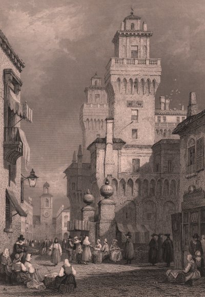 Castello Estense látképe, Ferrara, Emilia-Romagna, Olaszország, John Godfrey (1817-1889 körül) acélmetszete Samuel Prout (1783-1852) rajza után, kb. 26x17 cm, kiadó: Blackie and Son. alkotó: Samuel Prout