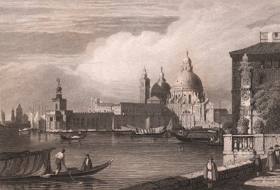 Kilátás a Grand Canalra (Canal Grande), háttérben Punta della Dogana és Basilica di Santa Maria della Salute, Velence, Veneto, Olaszország, acélmetszet Samuel Prout (1783-1852) rajza alapján, kb 15x11,5 cm alkotó: Samuel Prout
