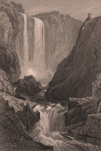 Kilátás a Marmore-vízesésre (Cascata delle Marmore) Terni közelében, Umbria, Olaszország, acélmetszet Samuel Prout (1783-1852) rajza alapján, kb 15x11,5 cm alkotó: Samuel Prout