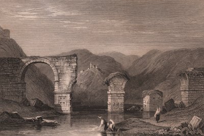 Kilátás az Augustus híd római romjaira (Ponte di Augusto) a Nera folyó felett, Narni, Umbria, Olaszország, acélmetszet Samuel Prout (1783-1852) rajza alapján, kb 15x11,5 cm alkotó: Samuel Prout