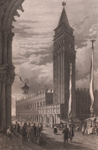 Kilátás a velencei Szent Márk harangtoronyra, Veneto, Olaszország, acélmetszet Samuel Prout (1783-1852) rajza alapján, kb 15x11,5 cm alkotó: Samuel Prout