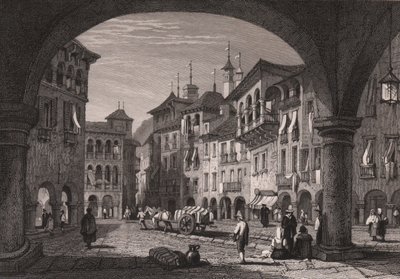 Kilátás a Domodossola-i piactérre, Piemont, Olaszország, acélmetszet Samuel Prout (1783-1852) rajzából, kb 16x11 cm alkotó: Samuel Prout