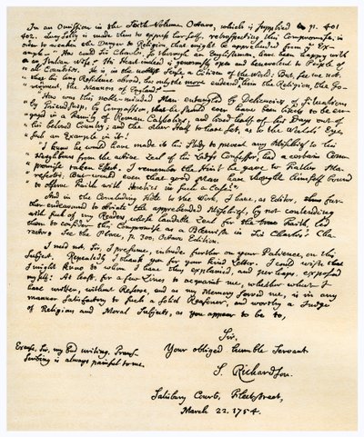 Samuel Richardson levele, 1754. március 22. alkotó: Samuel Richardson