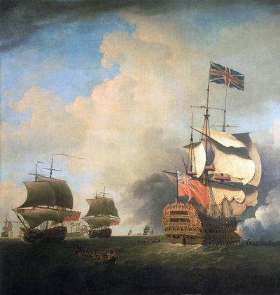 A brit királyi haditengerészet hadihajói, amint vitorláikat a szélben manőverezik. Olaj, vászon, 1736 körül, Samuel Scott (1702-1772) alkotása. alkotó: Samuel Scott