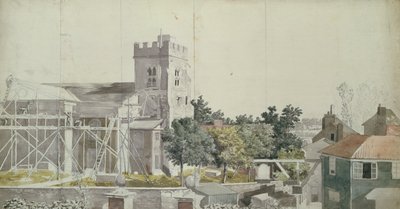Twickenham templom állványzat alatt, 18. század (wc, toll és tinta papíron) alkotó: Samuel Scott