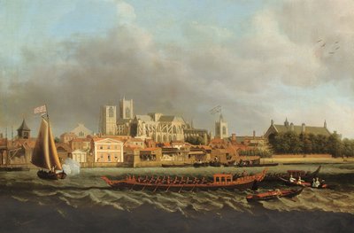Kilátás Westminsterre Lambeth felől egy királyi bárkával az előtérben alkotó: Samuel Scott
