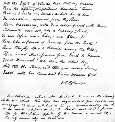 Coleridge Himnusz napkelte előtt a Chamouni völgyében című versének utolsó sorai, amelyet a költő saját kézírásával írt, és levélben küldték el Devizes-i Brabantnak, 1815 alkotó: Samuel Taylor Coleridge