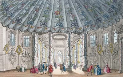 A Vauxhall Gardens elegáns zeneszobájának belső képe, H. Roberts metszet, 1752 (kézzel színezett metszet) alkotó: Samuel Wale