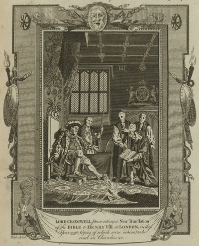 Lord Cromwell bemutatja a Biblia új fordítását VIII. Henrik királynak Londonban, 1538-ban. alkotó: Samuel Wale