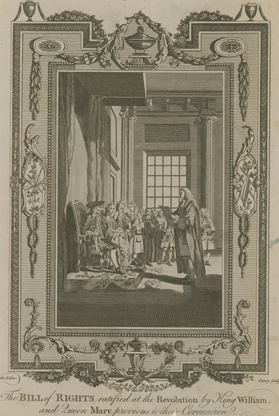 A Bill of Rights, amelyet Vilmos király és Mária királyné ratifikált a forradalom idején alkotó: Samuel Wale