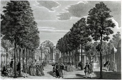 A diadalívek, Händel szobra a Vauxhall Gardens déli sétányában, John S. Muller metszetével (kézzel színezett rézkarc és metszet) alkotó: Samuel Wale