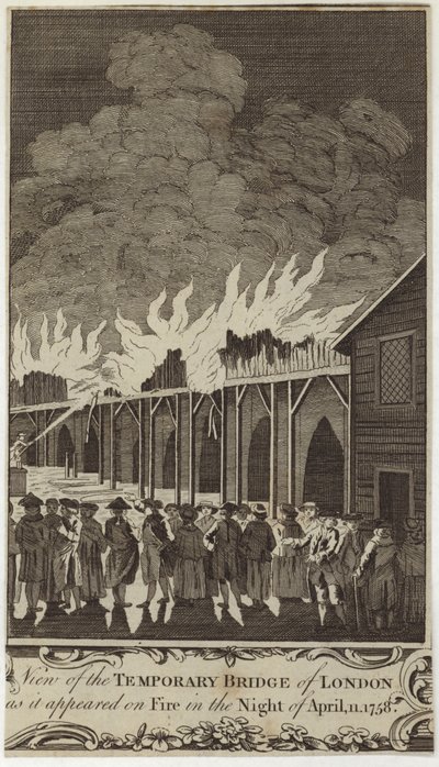A londoni ideiglenes híd látképe, amint 1758. április 11-én éjjel kigyulladt. alkotó: Samuel Wale