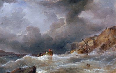 Egy hajó elsüllyedt egy sziklás parton, a mentőcsónak tele volt túlélőkkel. Samuel Walters (1811-1882) olaj, vászon. alkotó: Samuel Walters