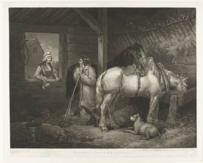 Gesprek in de stal Rusztikus beszélgetés (cím a tárgyon) alkotó: Samuel William Reynolds (I)