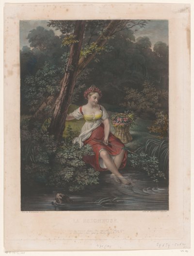 Fiatal nő virágkoszorúval és lábbal a vízben La Baigneuse (cím a tárgyon) alkotó: Samuel William Reynolds (I)