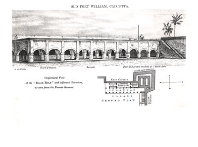 Old Fort William, Calcutta, sejthető kilátással a „fekete lyukra” és a szomszédos kamrákra, a felvonulási térről nézve alkotó: Samuel de Wilde