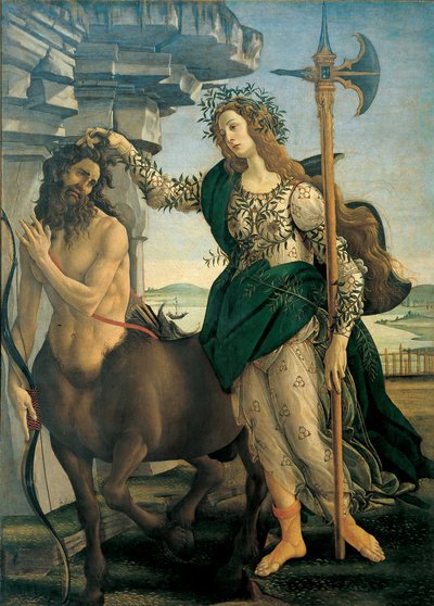 Pallas (Athena vagy Minerva) és a Kentaur, Sandro Botticelli (1445-1510), 1482 körül - Firenze, Uffizi Képtár. alkotó: Sandro Botticelli