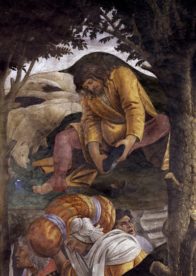 Mózes életének története. Részlet arról, hogy Mózes felhúzza a cipőjét a lábára. Alessandro di Mariano dei Filipepi, Sandro Botticelli (1445-1510) festménye. Freskó alkotó: Sandro Botticelli