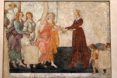 A Vénusz és a 3 kegyelem ajándékot ad egy leányzónak, 1483-85 körül (freskó) alkotó: Sandro Botticelli
