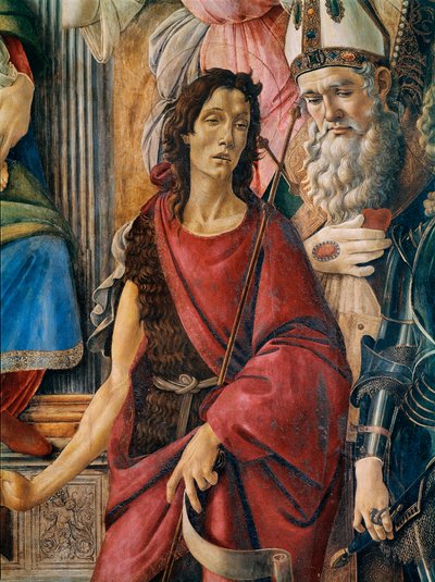 Pala di San Barnaba (Szent Barnaba oltárképe): A Szűzanya gyermeket szül Alexandriai Szent Katalintól, Szent Ágostontól, Szent Barnabától és Keresztelő Szent Jánostól, Antiochiai Szent Ignáctól és Szent Mihály arkangyaltól. Részlet a Ba Szent Jánosról alkotó: Sandro Botticelli