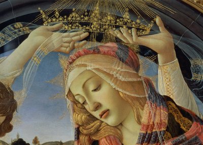 A Magnificat Madonnája, a Szűzanya arcának és koronájának részlete alkotó: Sandro Botticelli