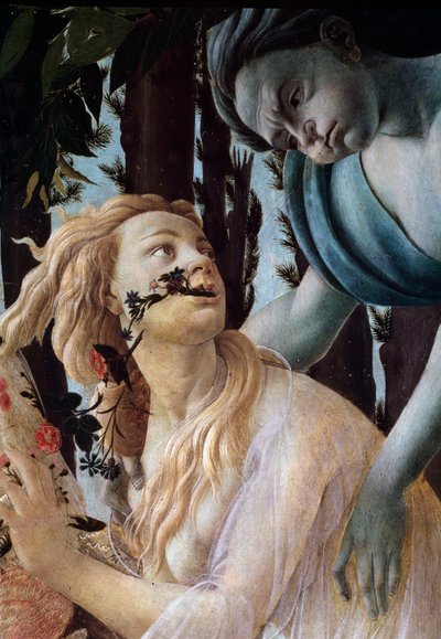 A tavasz. Részlet: Zephyr megragadja Chlorist, aki átlátszó fátylat visel (Festmény alkotó: Sandro Botticelli