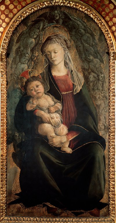 Szűz és gyermek dicsőségben szerafin angyalokkal körülvéve Detrempe fán, Alessandro di Mariano dei Filipepi, Sandro Botticelli (1445-1510) 1469-1470 Méret: 120x65 cm Firenze Uffizi Galéria (Uffizi) alkotó: Sandro Botticelli
