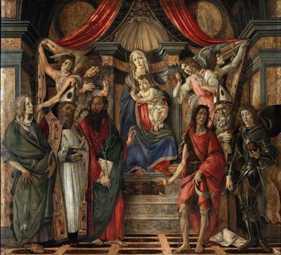 Szűz és gyermek a szentekkel a San Barnabas oltárról - Tempera fán alkotó: Sandro Botticelli