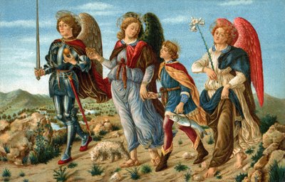 A három arkangyal és Tobie. Raphael, Gabriel és Michel angyalok kísérik a fiatal Tobie-t. Kromolitográfia 1900 körül készült képeslaphoz Sandro Botticelli (1445-1510) festménye alapján. alkotó: Sandro (after) Botticelli
