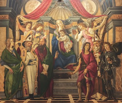 Oltárkép, főpanel: trónoló Madonna, négy angyal és szentek alkotó: Sandro Botticelli