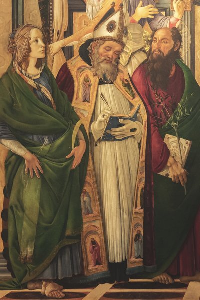Oltárkép, főpanel: trónoló Madonna, négy angyal és szentek alkotó: Sandro Botticelli