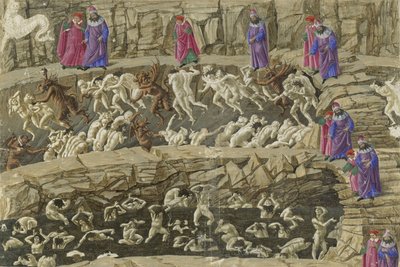 A XVIII. ének, a Pokol 8. körének része, illusztráció Dante "Pokol" című művéből, 1485 körül alkotó: Sandro Botticelli