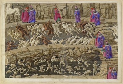 A Divina Commedia, Inferno XVIII. Vergilius és Dante a pokol nyolcadik körében (Malebolge), 1. és 2. bolgia: a kerítők és csábítók, a hízelgők és a prostituáltak büntetése alkotó: Sandro Botticelli