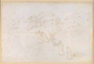 A Divina Commedia, Purgatórium XIX. Feljutás a Purgatórium ötödik körébe: Dante szirénálma; a kapzsiak és a pazarlók vezeklése; beszélgetés V. Hadrianussal. alkotó: Sandro Botticelli