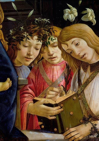 Mária a gyermekkel, Keresztelő Jánossal és angyalokkal. Részlet. 1490 körül alkotó: Sandro Botticelli