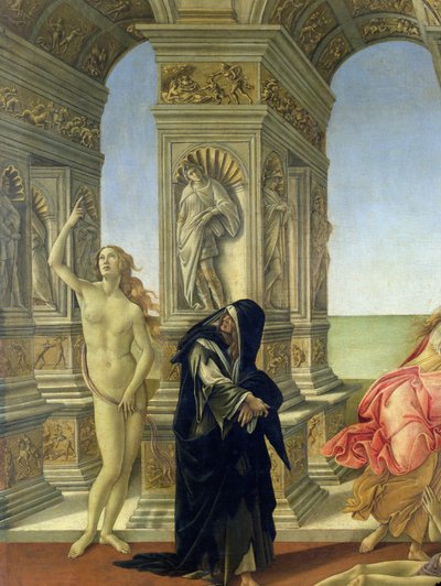 Apelles káromkodása; részlet, amely a mennybe mutató Igazság és a Bűnbánat meztelen alakját mutatja rongyos dominikánus szokásba öltözve, 1497-98 részlet a 31582-ből alkotó: Sandro Botticelli