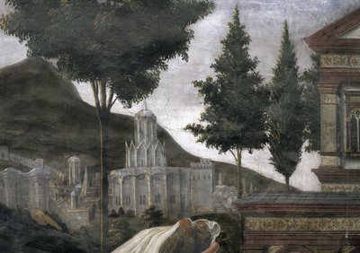 A leprás megtisztulása és Krisztus megkísértése, a Sixtus-kápolnában: egy képzeletbeli város részlete tájban, 1481-es freskó alkotó: Sandro Botticelli