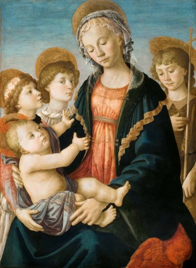 Szűz és gyermek két angyallal és az ifjú Keresztelő Szent János, 1467 körül. alkotó: Sandro Botticelli