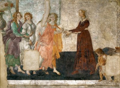 Vénusz és a három grácia ajándékokat ajánl egy fiatal lánynak, 1484-1486 alkotó: Sandro Botticelli