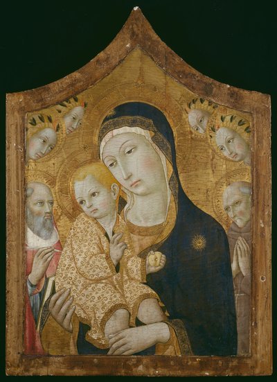 Szűz Mária és gyermeke Jeromos, Sienai Bernardino és angyalokkal alkotó: Sano di Pietro