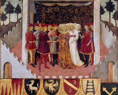 Siena város nemesi házaspár esküvői szertartása Sano di Pietro (1406-1481) festménye, amely egy Bicchernát díszít (Siena város számviteli nyilvántartásának borítója) 1473. Siena Archivio di Stato, Olaszország alkotó: Sano di also Ansano di Pietro di Mencio Pietro