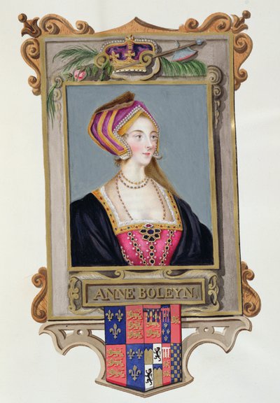 Boleyn Anne (1507-36), VIII. Henrik 2. királynőjének portréja fiatal nőként az Erzsébet királynő udvarának emlékirataiból, 1825-ben (wc és gouache papíron) alkotó: Sarah Countess of Essex