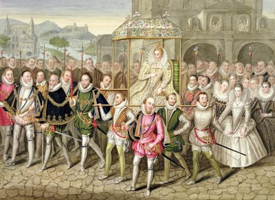 I. Erzsébet királynő körmenetben udvaroncaival (160003 körül) az Erzsébet királynő udvarának emlékeiből egy Robert Peake-nek (kb. 1592-1667) tulajdonított olaj után a Sherborne kastélyban, 18-ban megjelent. alkotó: Sarah Countess of Essex