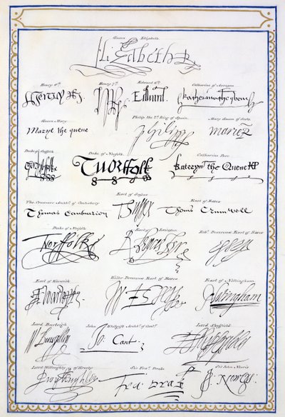 A Tudorok és udvaraik aláírásainak reprodukciója az 1825-ben megjelent „Erzsébet királynő udvarának emlékirataiból” (toll és tinta papíron) alkotó: Sarah Countess of Essex