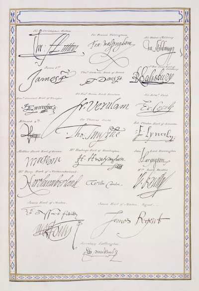 A Tudorok és udvaraik aláírásainak reprodukciója az 1825-ben megjelent „Erzsébet királynő udvarának emlékirataiból” (toll és tinta papíron) alkotó: Sarah Countess of Essex