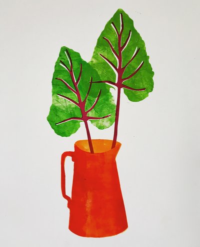 "Piros kancsó levelekkel" 2020 (monoprint) alkotó: Sarah Thompson-Engels